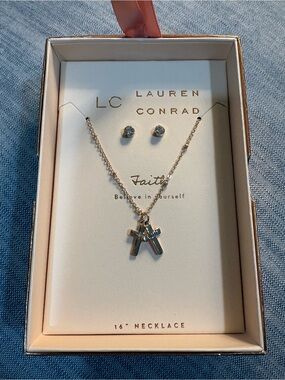 LC Lauren Conrad Silver Cross Pendant Necklace and Stud Earrings Set